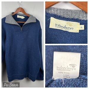 Irelands Eye 100% Wool Men’s 1/4 Zip Pullover Knit Sweater Men’s Size XL Blue